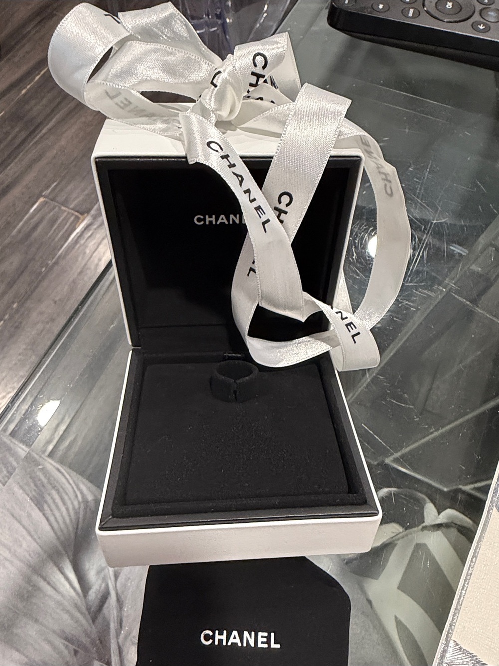 Authentic Chanel White Jewelry Presentation Box with Black Interior and Ribbon